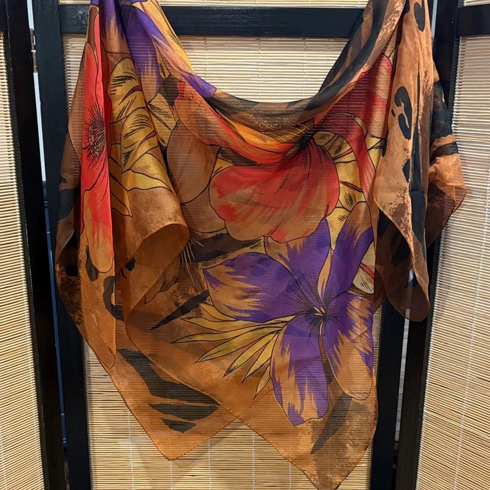 Women's Lightweight Floral Print Scarf - Brown & Purple - Picture 2 of 4